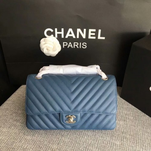 Chanel Flap Schoudertassen Blauw Origineel Kalfsleer CF1112 Zilver