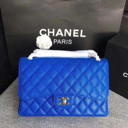 Chanel Flap Schoudertassen Blauw Origineel Kalfsleer CF1113 Goud