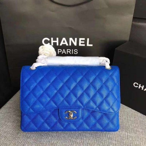 Chanel Flap Schoudertassen Blauw Origineel Kalfsleer CF1113 Zilver