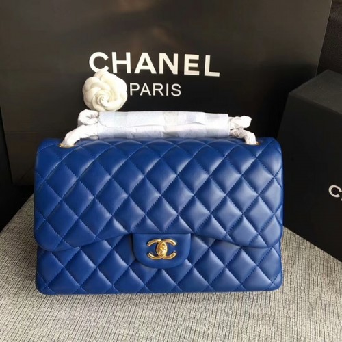Chanel Flap Schoudertassen Blauw Origineel Lamsleer CF1113 Glod