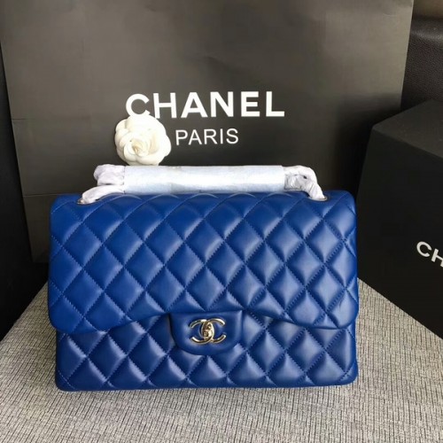 Chanel Flap Schoudertassen Blauw Origineel Lamsleer CF1113 Zilver