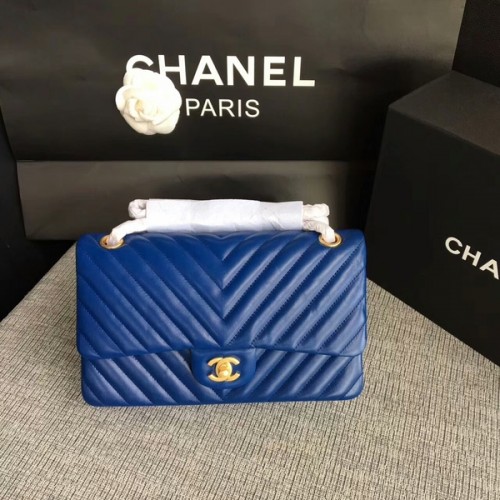 Chanel Flap Schoudertassen Blauw Originele Schapenvacht CF1112 Goud