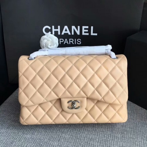 Chanel Flap Schoudertassen Camel Origineel Lamsleer CF1113 Zilver