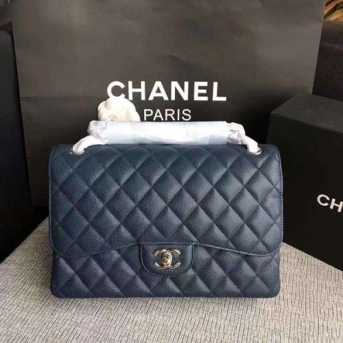 Chanel Flap Schoudertassen Donkerblauw Origineel Kalfsleer CF1113 Zilver