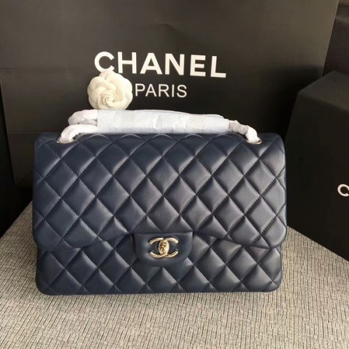 Chanel Flap Schoudertassen Donkerblauw Origineel Lamsleer CF1113 Zilver