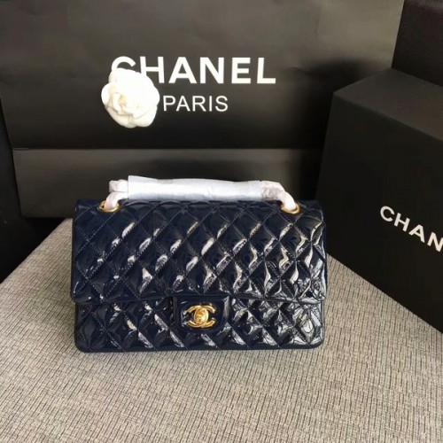 Chanel Flap Schoudertassen Donkerblauw Origineel Lakleer CF1112 Goud