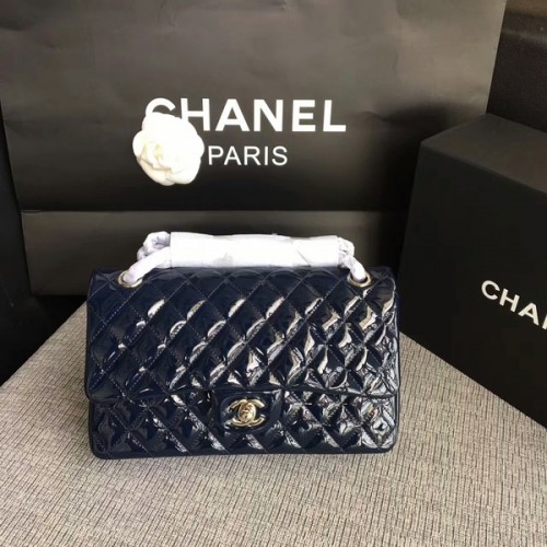 Chanel Flap Schoudertassen Donkerblauw Origineel Lakleer CF1112 Zilver