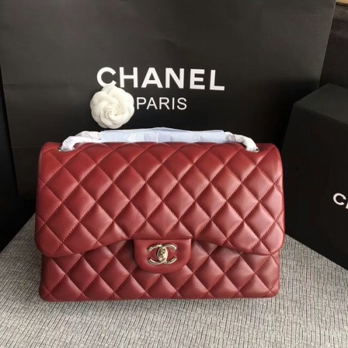 Chanel Flap Schoudertassen Donkerrood Origineel Lamsleer CF1113 Zilver