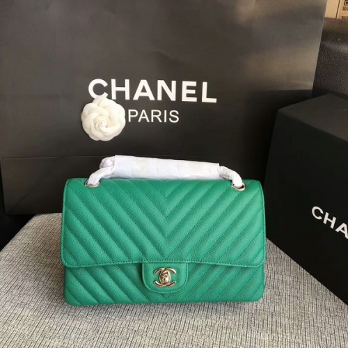Chanel Flap Schoudertassen Groen Origineel Kalfsleer CF1112 Zilver