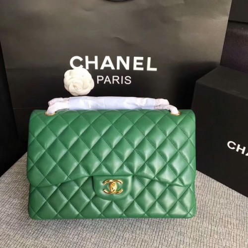 Chanel Flap Schoudertassen Groen Origineel Lamsleer CF1113 Glod