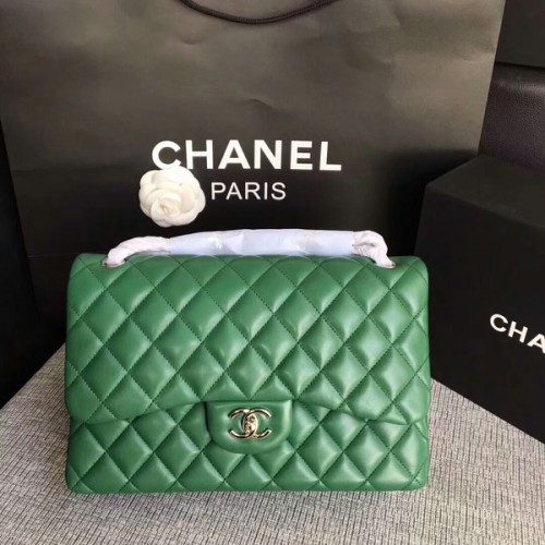 Chanel Flap Schoudertassen Groen Origineel Lamsleer CF1113 Zilver