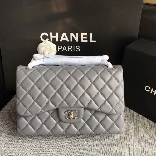 Chanel Flap Schoudertassen Grijs Origineel Lamsleer CF1113 Zilver