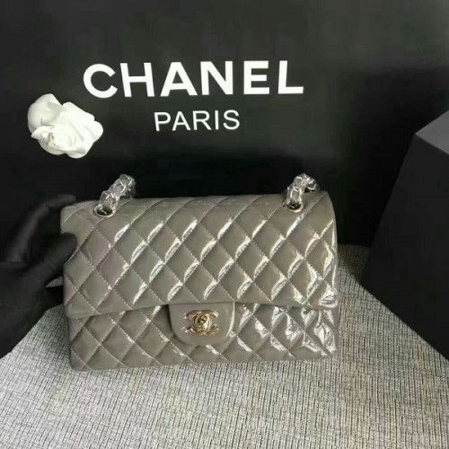 Chanel Flap Schoudertassen Grijs Origineel Lakleer CF1112 Zilver