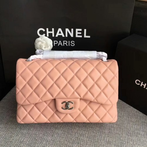 Chanel Flap Schoudertassen Licht Roze Origineel Lamsleer CF1113 Zilver