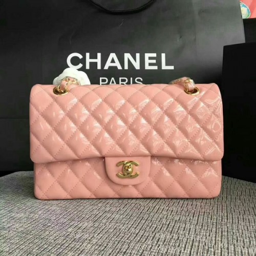 Chanel Flap Schoudertassen Licht Roze Origineel Lakleer CF1112 Goud