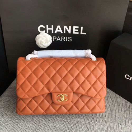Chanel Flap Schoudertassen Oranje Origineel Lamsleer CF1113 Glod