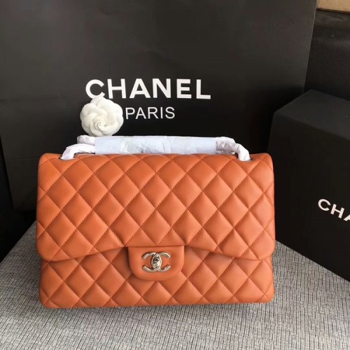 Chanel Flap Schoudertassen Oranje Origineel Lamsleer CF1113 Zilver