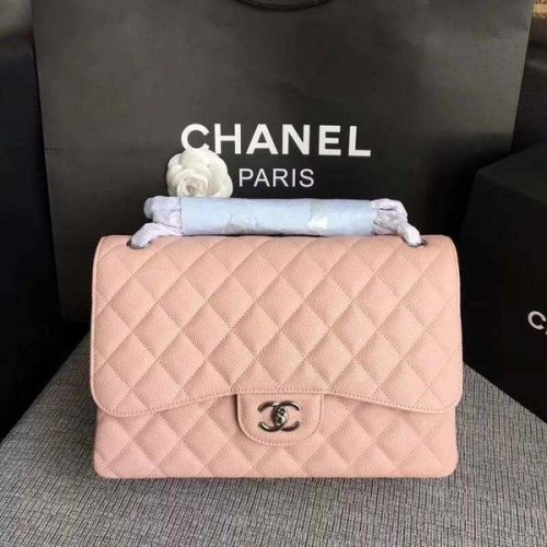 Chanel Flap Schoudertassen Roze Origineel Kalfsleer CF1113 Zilver