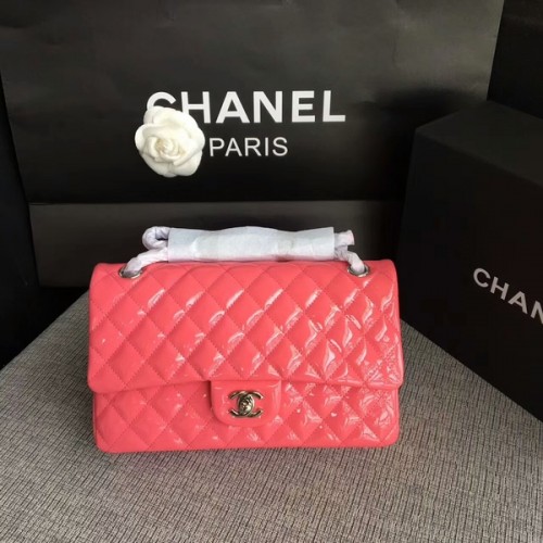 Chanel Flap Schoudertassen Roze Origineel Lakleer CF1112 Zilver