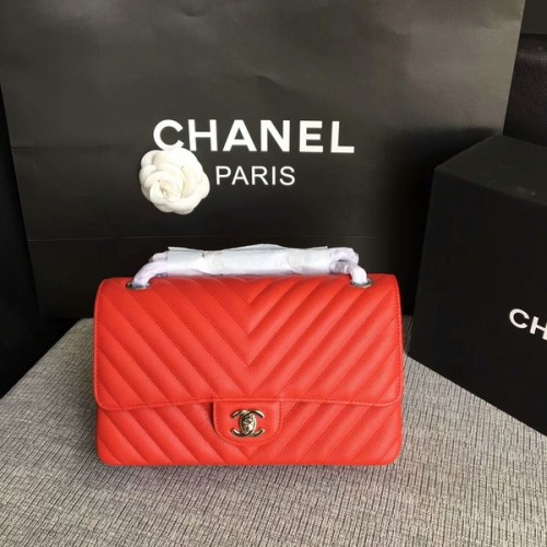 Chanel Flap Schoudertassen Rood Origineel Kalfsleer CF1112 Zilver