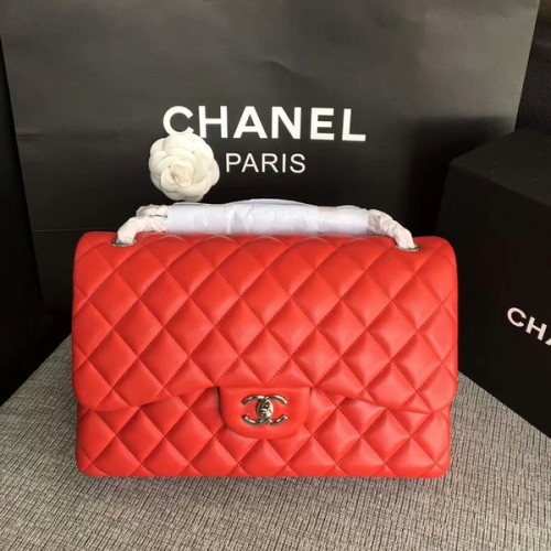 Chanel Flap Schoudertassen Rood Origineel Lamsleer CF1113 Zilver