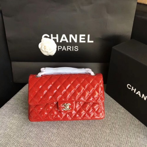 Chanel Flap Schoudertassen Rood Origineel Lakleer CF1112 Zilver