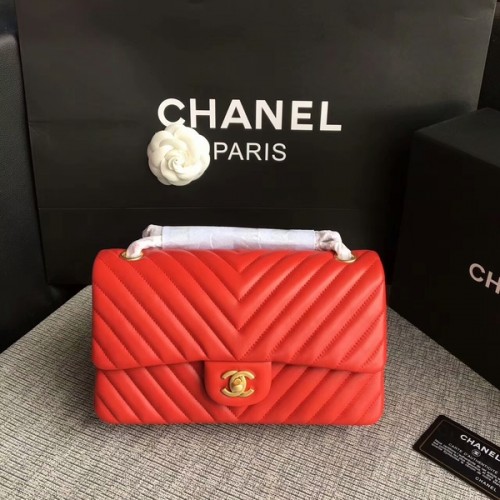 Chanel Flap Schoudertassen Rood Originele Schapenvacht CF1112 Goud
