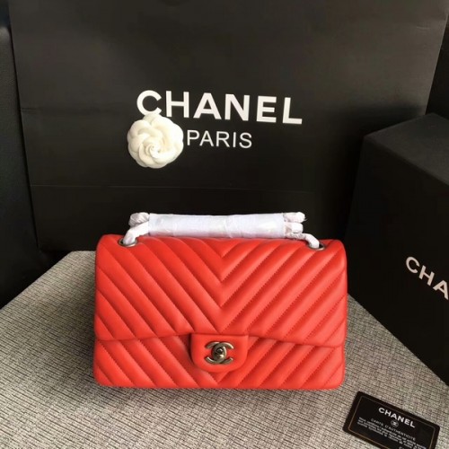 Chanel Flap Schoudertassen Rood Originele Schapenvacht CF1112 Zilver