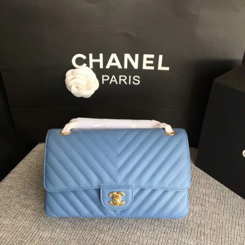 Chanel Flap Schoudertassen Hemelsblauw Origineel Kalfsleer CF1112 Goud