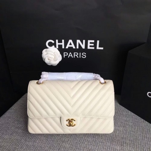 Chanel Flap Schoudertassen Wit Origineel Kalfsleer CF1112 Goud