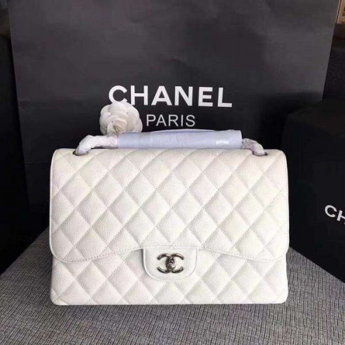 Chanel Flap Schoudertassen Wit Origineel Kalfsleer CF1113 Zilver