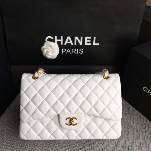 Chanel Flap Schoudertassen Wit Origineel Lamsleer CF1113 Glod