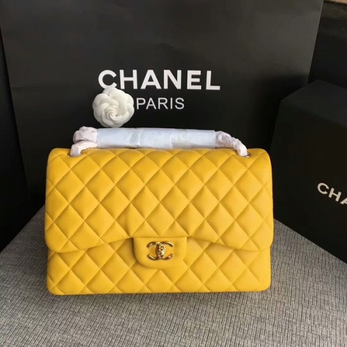 Chanel Flap Schoudertassen Geel Origineel Lamsleer CF1113 Glod