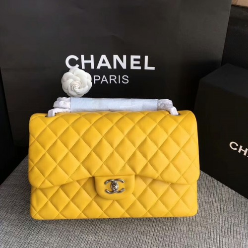 Chanel Flap Schoudertassen Geel Origineel Lamsleer CF1113 Zilver