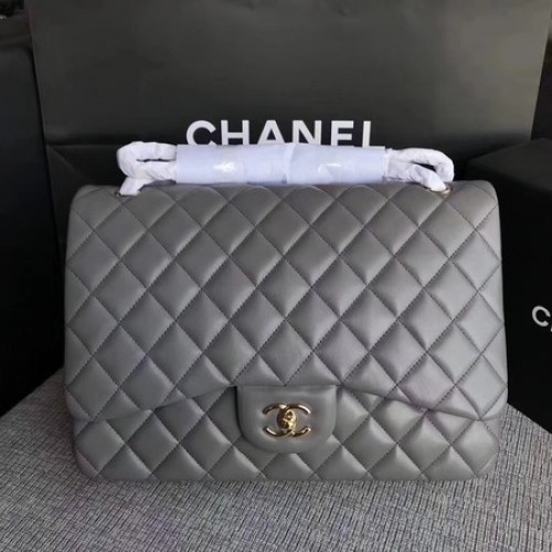 Chanel Maxi gewatteerde klassieke kleptas grijs schapenvacht leer A58601 goud