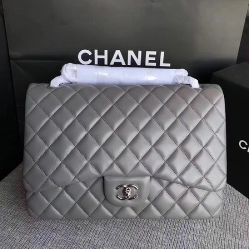 Chanel Maxi gewatteerde klassieke kleptas grijs schapenvacht leer A58601 zilver