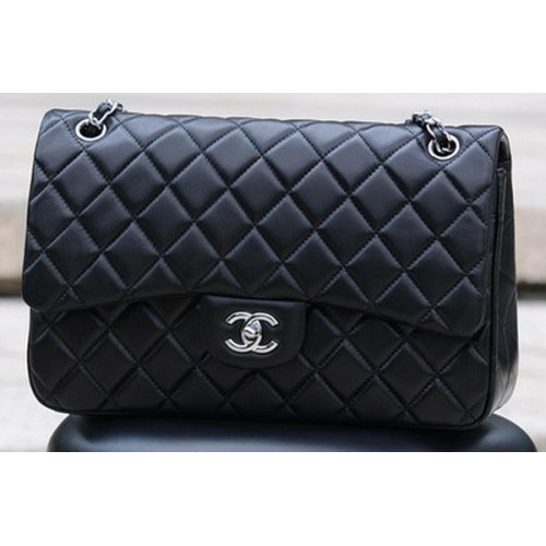 Chanel Jumbo Classic Zwart Schapenvacht Flap Bag A58600 Zilver