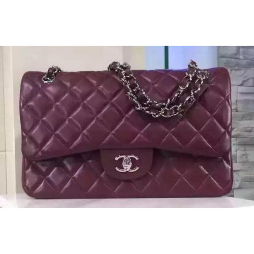Chanel Jumbo Classic Flap Bag Bordeaux Schapenleer A1113 Zilver