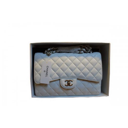 Chanel Jumbo Double Flaps Bag A36097 Wit Origineel Kaviaar Leer Zilver
