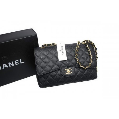 Chanel Jumbo Dubbele Flaps Tas Zwart Origineel Kaviaar Leer A36097 Goud