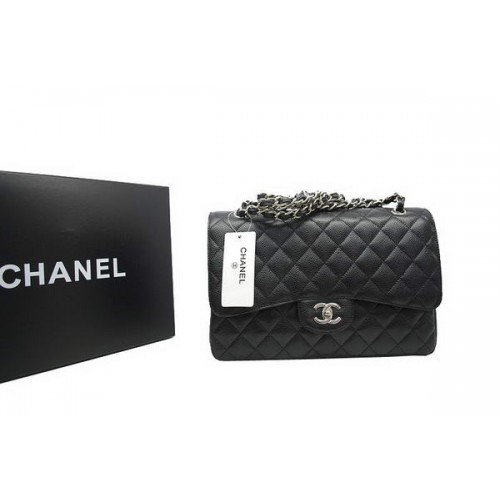 Chanel Jumbo Dubbele Flaps Tas Zwart Origineel Kaviaar Leer A36097 Zilver