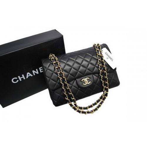 Chanel Jumbo Double Flaps Tas Zwart Origineel Lamsleer A36097 Goud