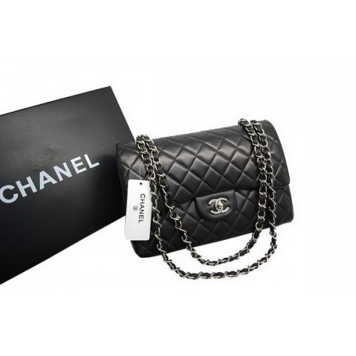 Chanel Jumbo Double Flaps Tas Zwart Origineel Lamsleer A36097 Zilver