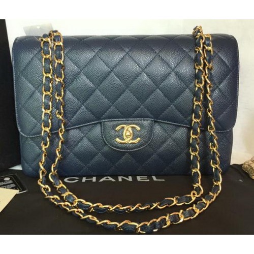 Chanel Jumbo Double Flaps Bag Blauw Cannage Patroon A36097 Goud