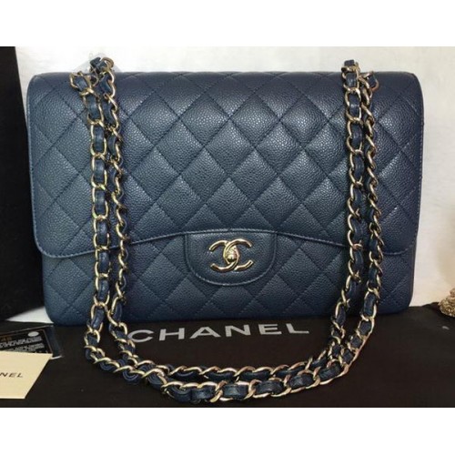 Chanel Jumbo Double Flaps Bag Blauw Cannage Patroon A36097 Zilver