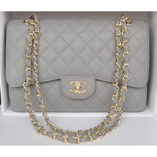 Chanel Jumbo Double Flaps Bag Grijs Cannage Patroon A36097 Goud