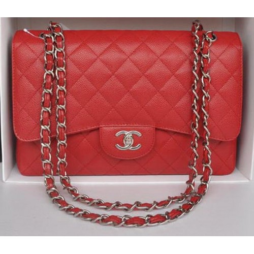 Chanel Jumbo Double Flaps Bag Rood Cannage Patroon A36097 Zilver