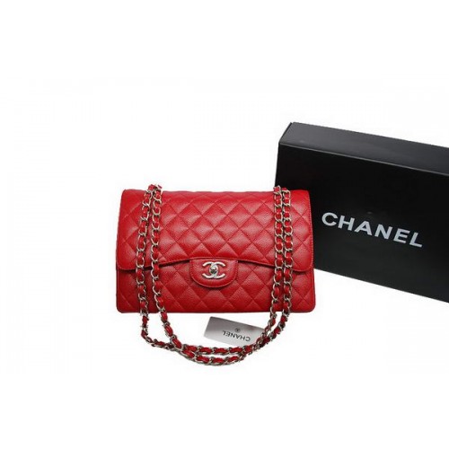 Chanel Jumbo Double Flaps Tas Rood Origineel Kaviaar Leer A36097 Zilver
