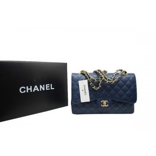 Chanel Jumbo Double Flaps Bag Royalblue Original Caviar Leather A36097 Goud