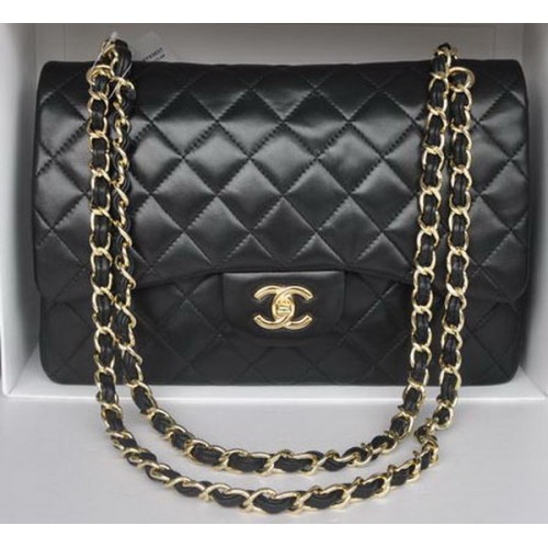 Chanel Jumbo Double Flaps Tassen Zwart Schapenleer A36097 Goud